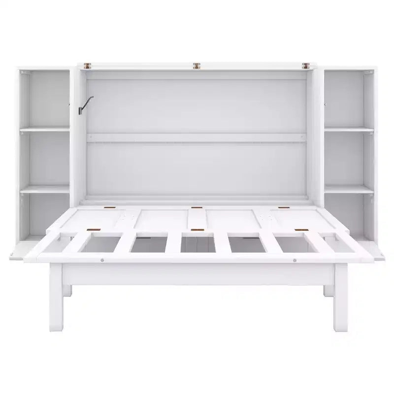 Queen/Full Murphy Bed Foldable into Cabinet, Wooden Platform Bedframe with Shelves, Drawers