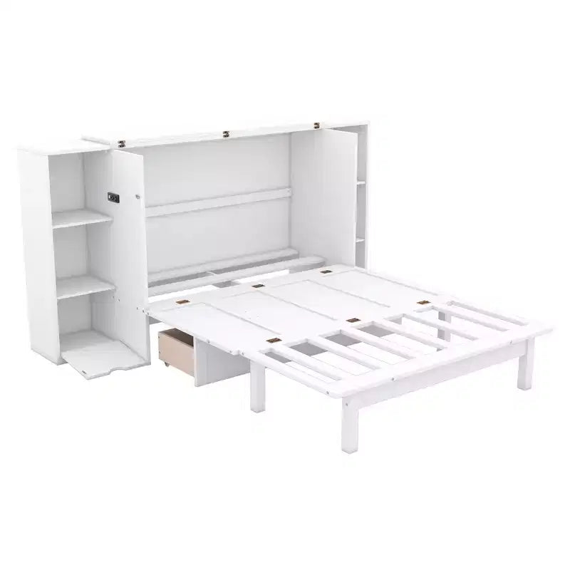Queen/Full Murphy Bed Foldable into Cabinet, Wooden Platform Bedframe with Shelves, Drawers