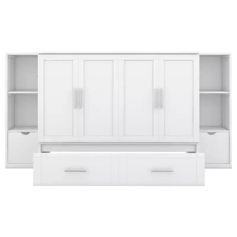 Queen/Full Murphy Bed Foldable into Cabinet, Wooden Platform Bedframe with Shelves, Drawers