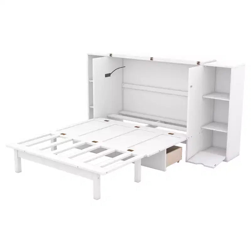Queen/Full Murphy Bed Foldable into Cabinet, Wooden Platform Bedframe with Shelves, Drawers