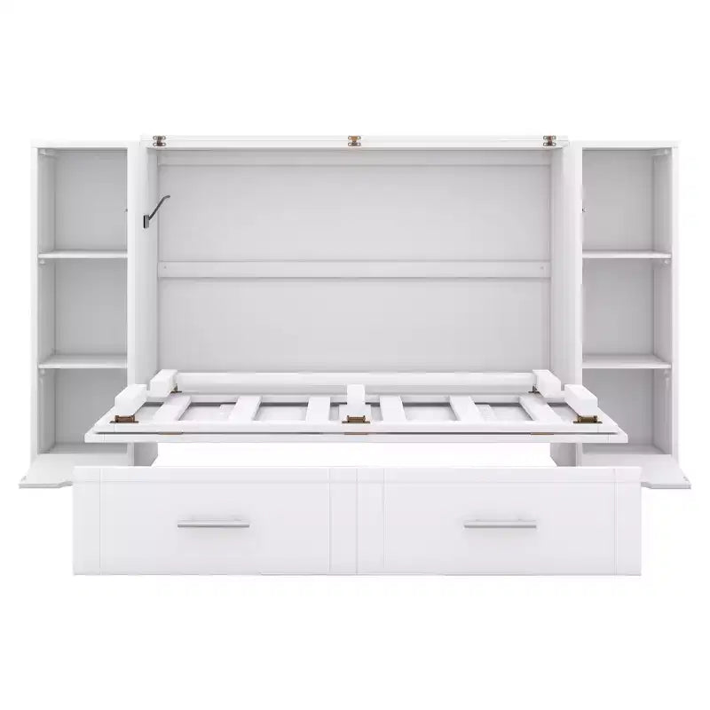 Queen/Full Murphy Bed Foldable into Cabinet, Wooden Platform Bedframe with Shelves, Drawers