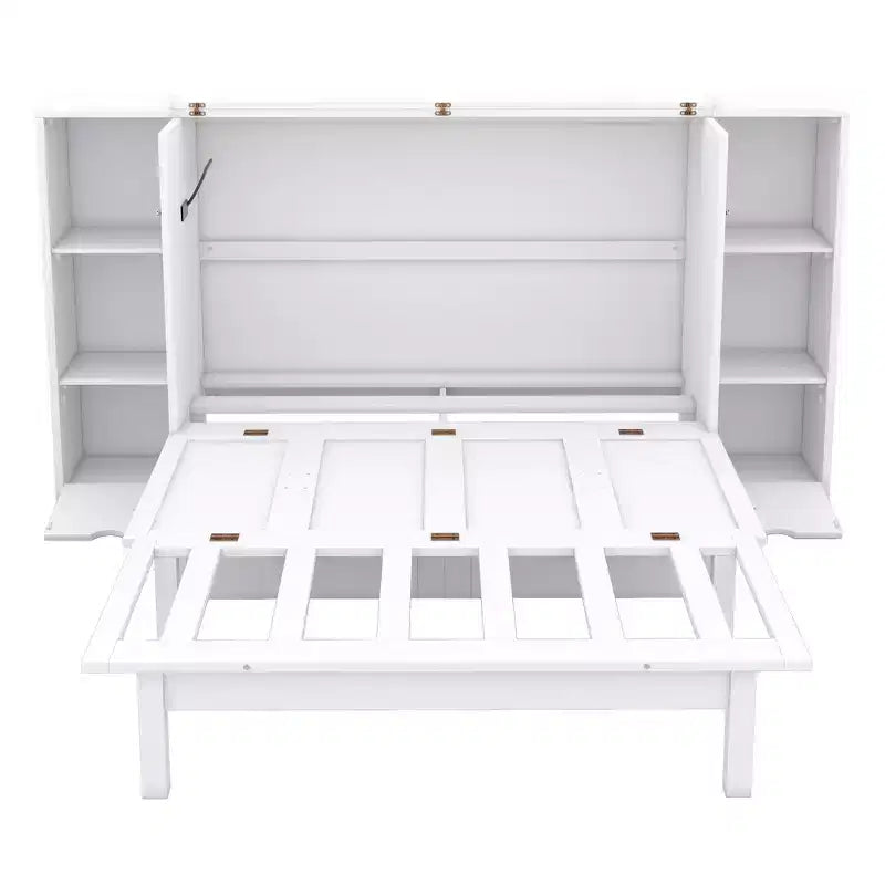 Queen/Full Murphy Bed Foldable into Cabinet, Wooden Platform Bedframe with Shelves, Drawers