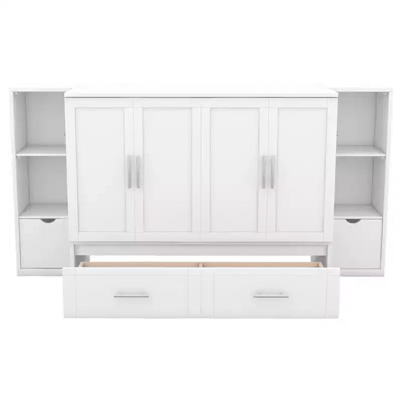 Queen/Full Murphy Bed Foldable into Cabinet, Wooden Platform Bedframe with Shelves, Drawers