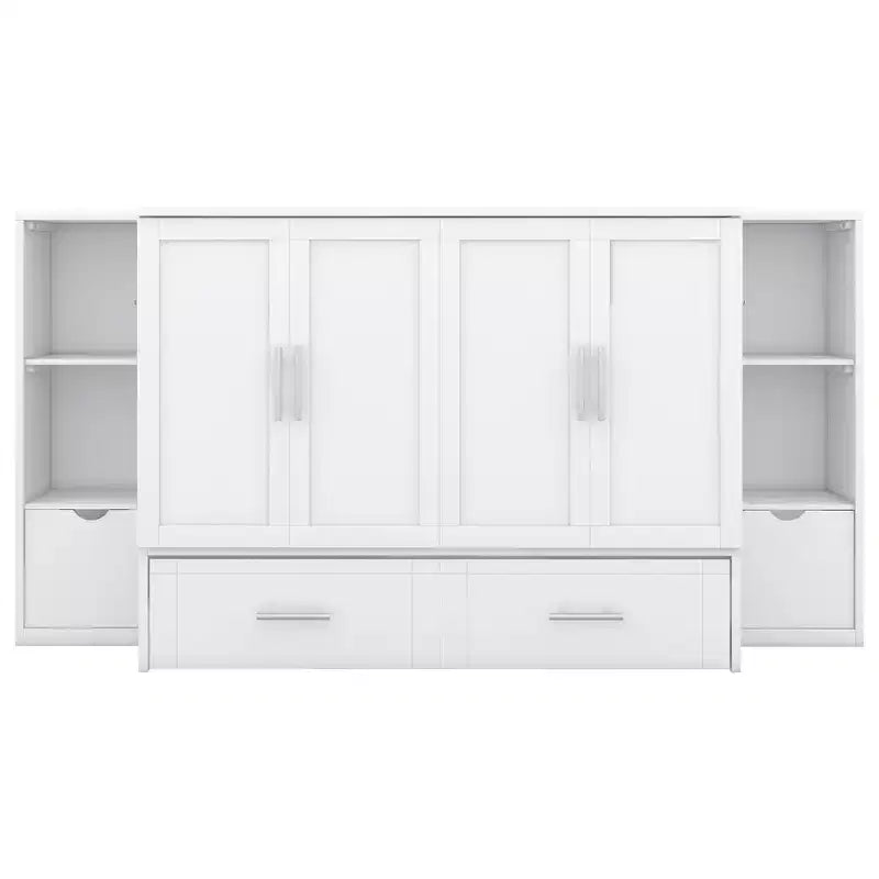 Queen/Full Murphy Bed Foldable into Cabinet, Wooden Platform Bedframe with Shelves, Drawers