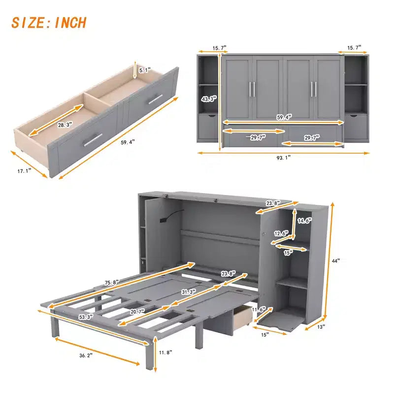 Queen/Full Murphy Bed Foldable into Cabinet, Wooden Platform Bedframe with Shelves, Drawers