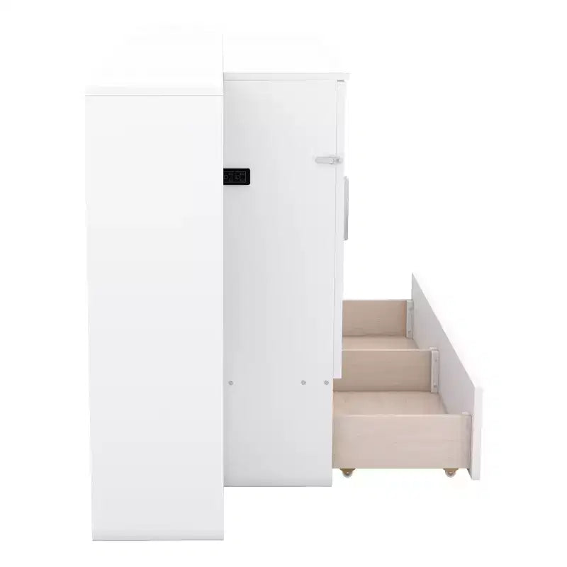 Queen/Full Murphy Bed Foldable into Cabinet, Wooden Platform Bedframe with Shelves, Drawers