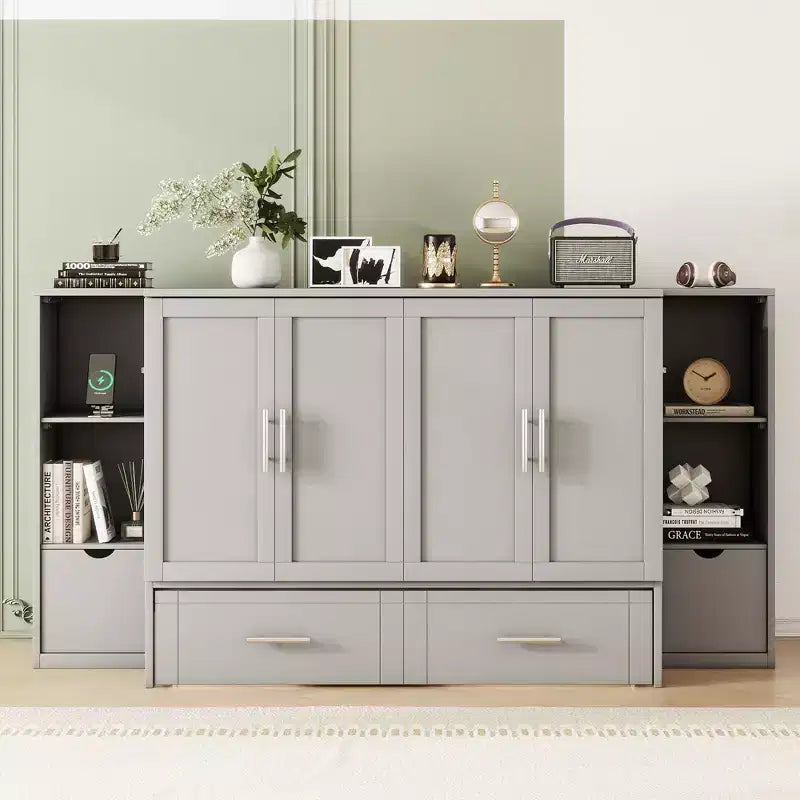 Queen/Full Murphy Bed Foldable into Cabinet, Wooden Platform Bedframe with Shelves, Drawers