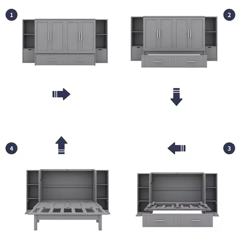Queen/Full Murphy Bed Foldable into Cabinet, Wooden Platform Bedframe with Shelves, Drawers