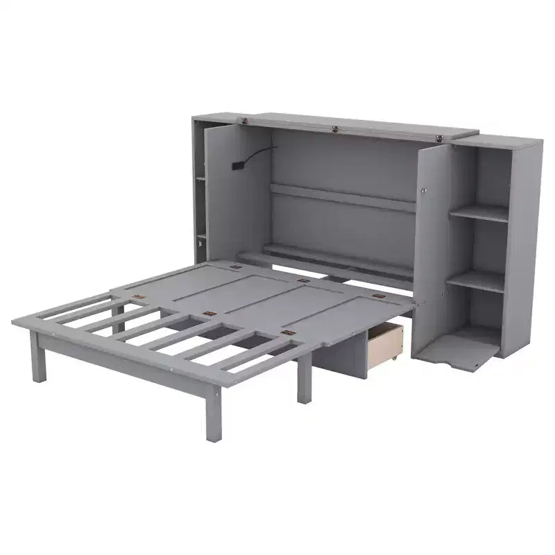 Queen/Full Murphy Bed Foldable into Cabinet, Wooden Platform Bedframe with Shelves, Drawers