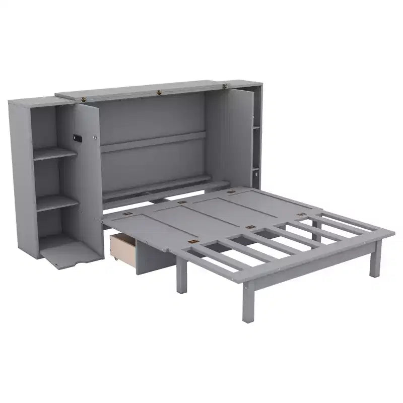 Queen/Full Murphy Bed Foldable into Cabinet, Wooden Platform Bedframe with Shelves, Drawers