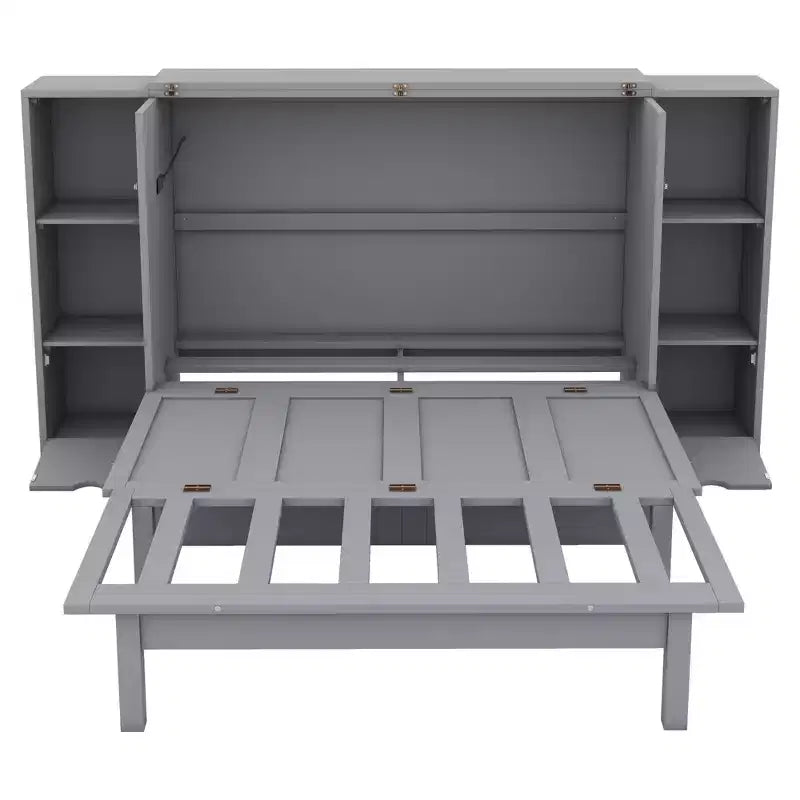 Queen/Full Murphy Bed Foldable into Cabinet, Wooden Platform Bedframe with Shelves, Drawers