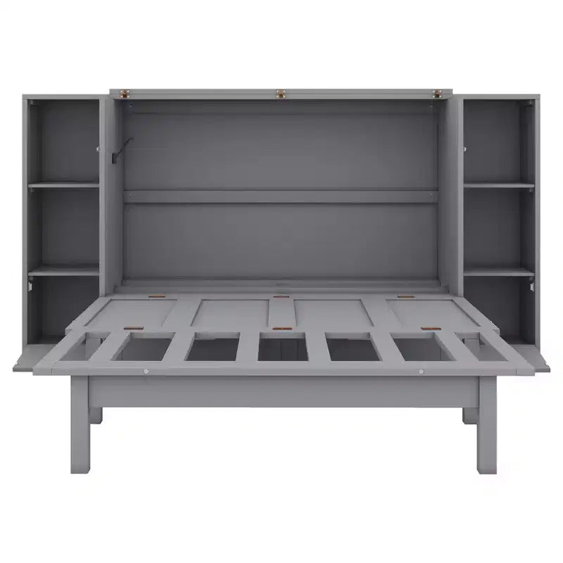 Queen/Full Murphy Bed Foldable into Cabinet, Wooden Platform Bedframe with Shelves, Drawers