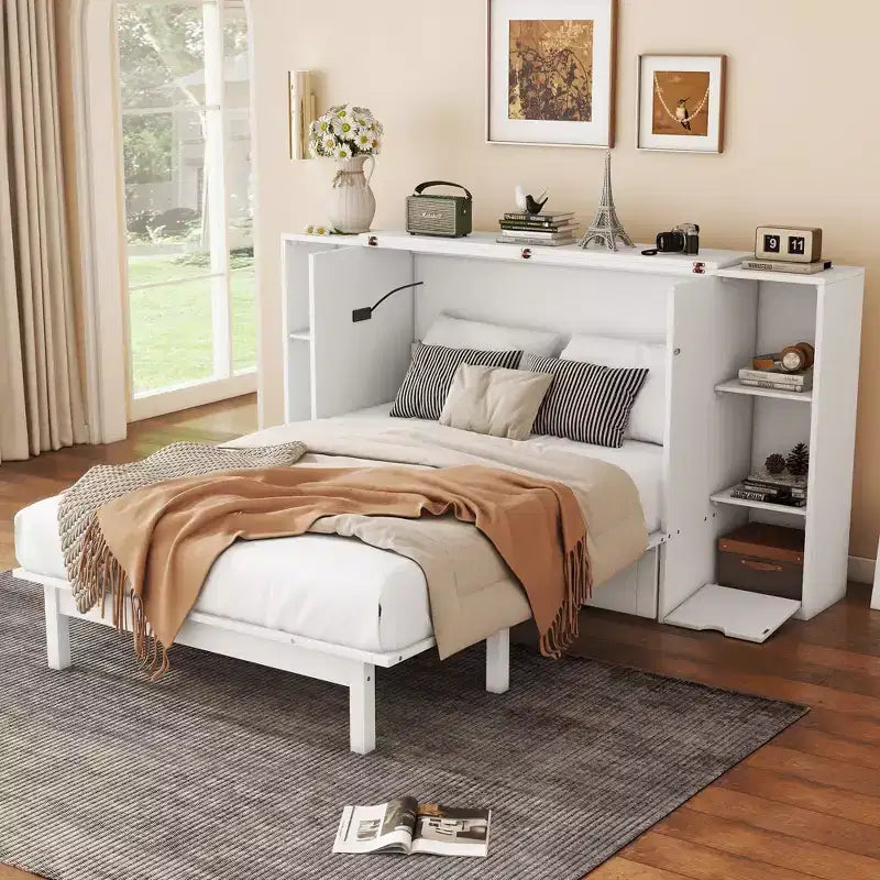 Queen/Full Murphy Bed Foldable into Cabinet, Wooden Platform Bedframe with Shelves, Drawers