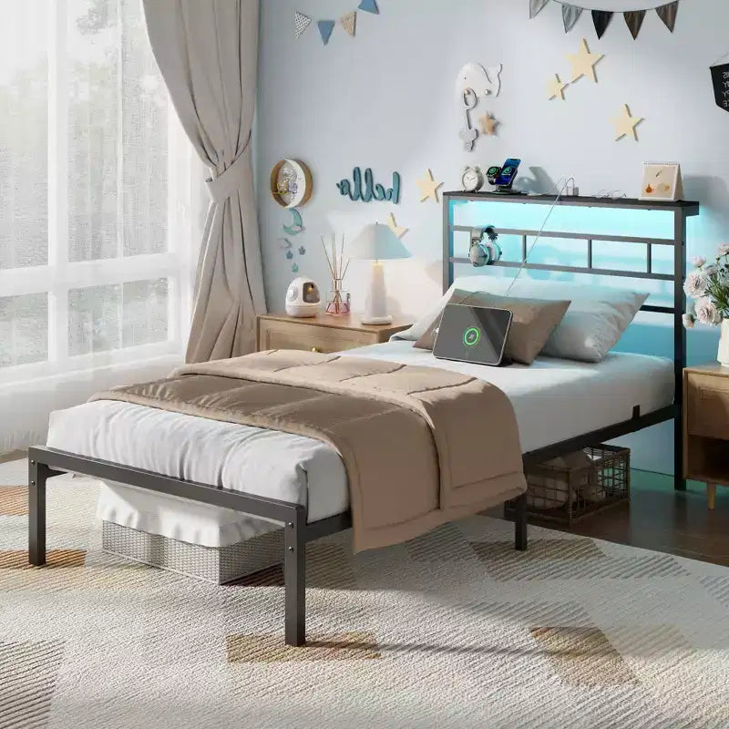 Twin Bed Frame with Charging Station and LED Lights Metal Platform Bed Storage Headboard Noise Free No Box Spring Needed Black Heavy Duty Guest Bed