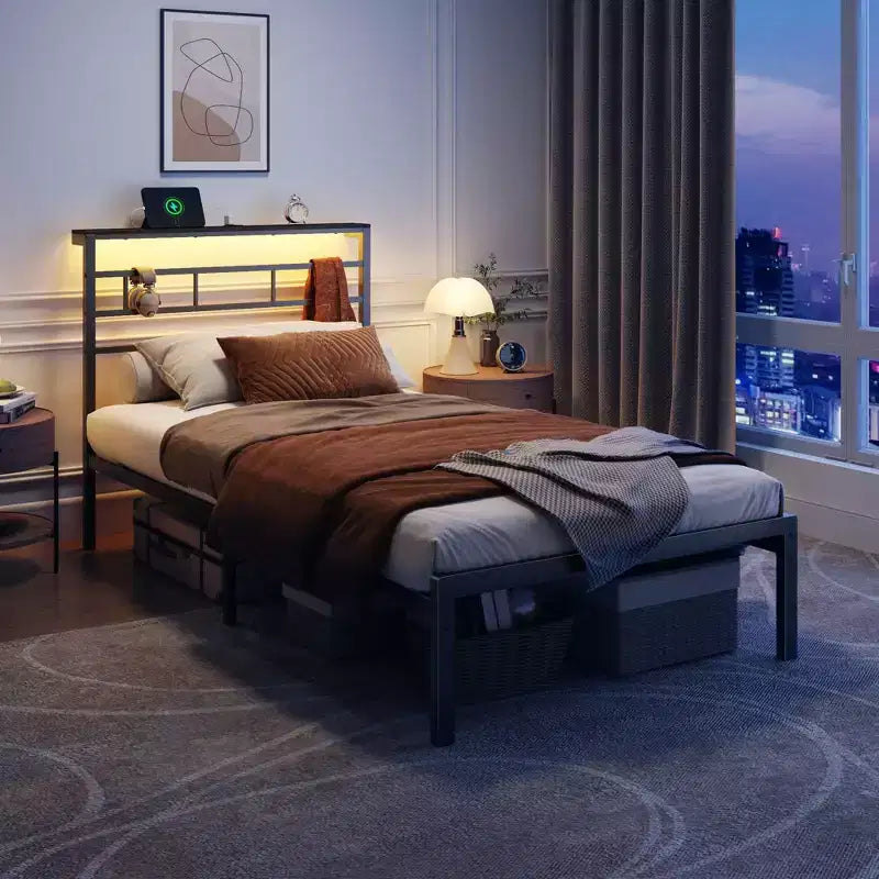 Twin Bed Frame with Charging Station and LED Lights Metal Platform Bed Storage Headboard Noise Free No Box Spring Needed Black Heavy Duty Guest Bed