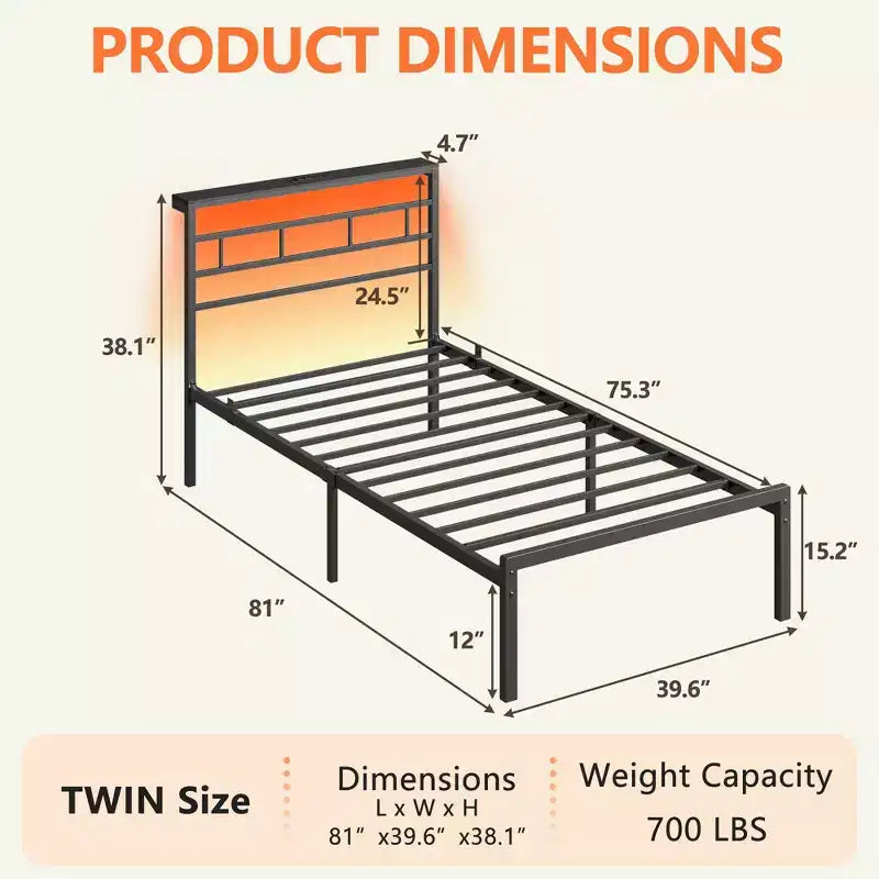 Twin Bed Frame with Charging Station and LED Lights Metal Platform Bed Storage Headboard Noise Free No Box Spring Needed Black Heavy Duty Guest Bed