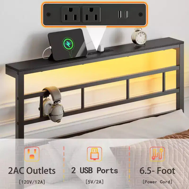 Twin Bed Frame with Charging Station and LED Lights Metal Platform Bed Storage Headboard Noise Free No Box Spring Needed Black Heavy Duty Guest Bed