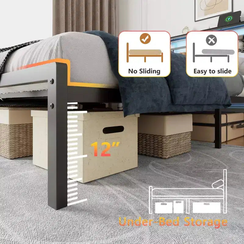 Twin Bed Frame with Charging Station and LED Lights Metal Platform Bed Storage Headboard Noise Free No Box Spring Needed Black Heavy Duty Guest Bed