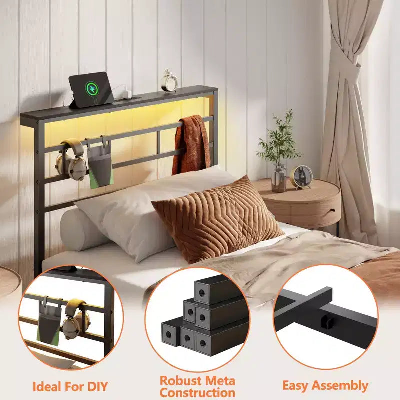 Twin Bed Frame with Charging Station and LED Lights Metal Platform Bed Storage Headboard Noise Free No Box Spring Needed Black Heavy Duty Guest Bed