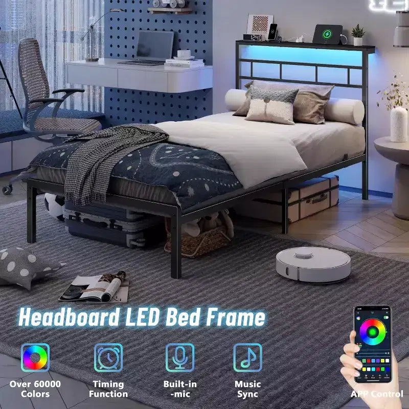Twin Bed Frame with Charging Station and LED Lights Metal Platform Bed Storage Headboard Noise Free No Box Spring Needed Black Heavy Duty Guest Bed