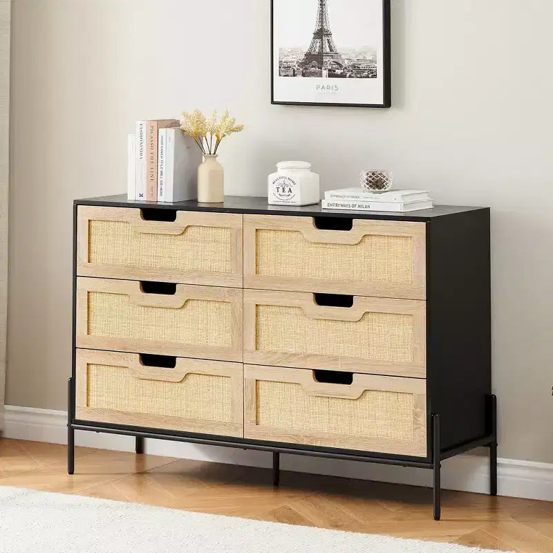 47'' Farmhouse Chest of Drawers,Rattan 6 Drawer Dresser with Metal Legs,Modern Wooden Dresser ,Large Wide Drawer Dresser for Bedroom,Living Room