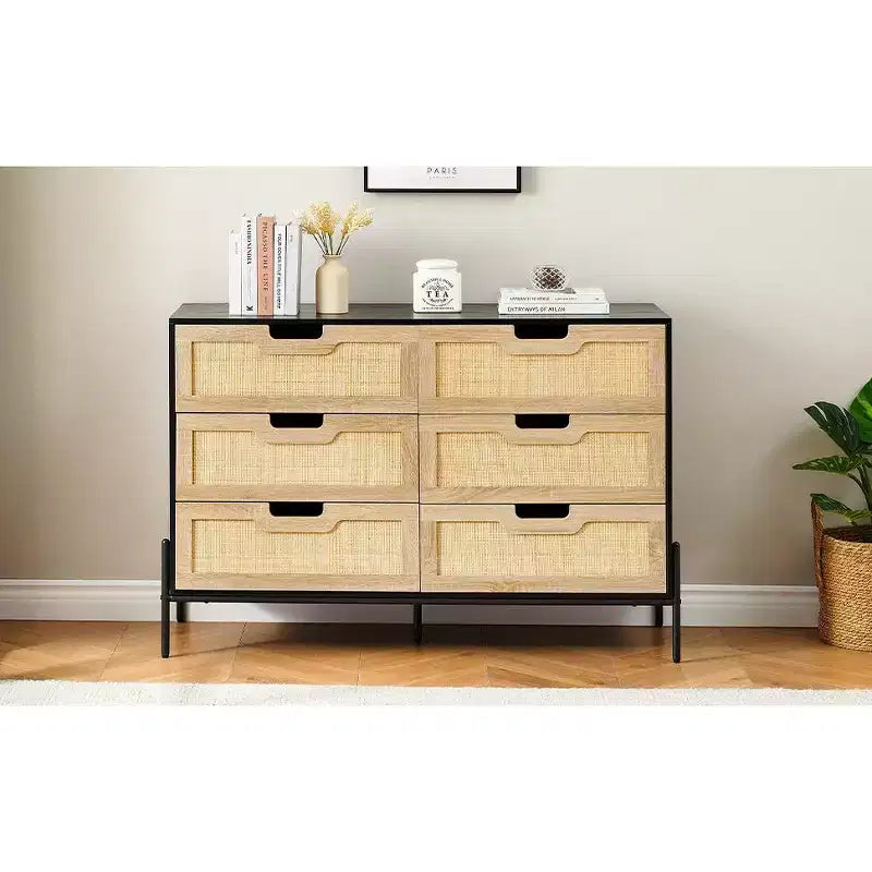 47'' Farmhouse Chest of Drawers,Rattan 6 Drawer Dresser with Metal Legs,Modern Wooden Dresser ,Large Wide Drawer Dresser for Bedroom,Living Room