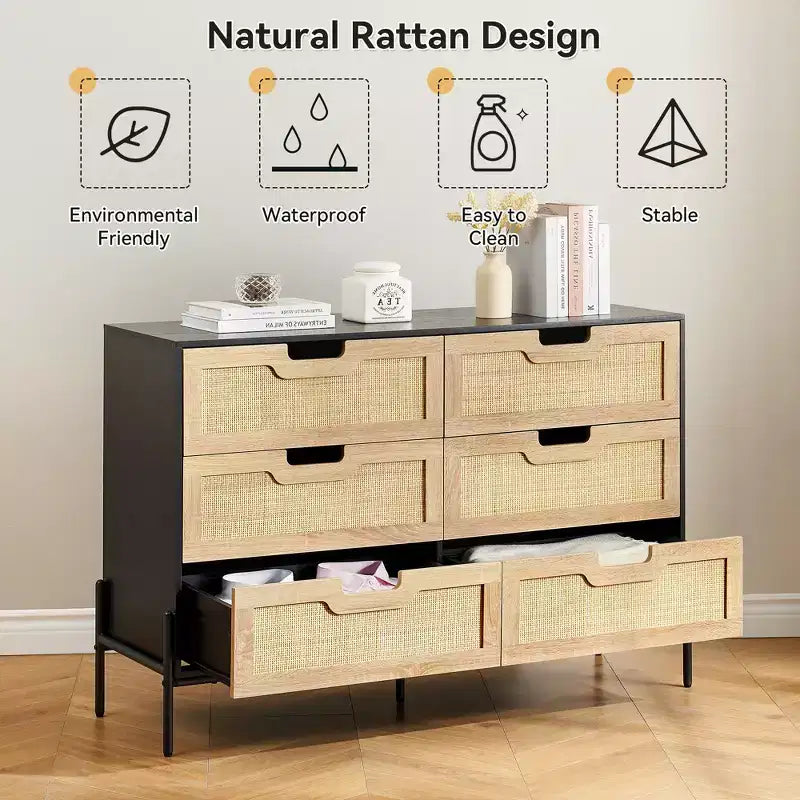 47'' Farmhouse Chest of Drawers,Rattan 6 Drawer Dresser with Metal Legs,Modern Wooden Dresser ,Large Wide Drawer Dresser for Bedroom,Living Room