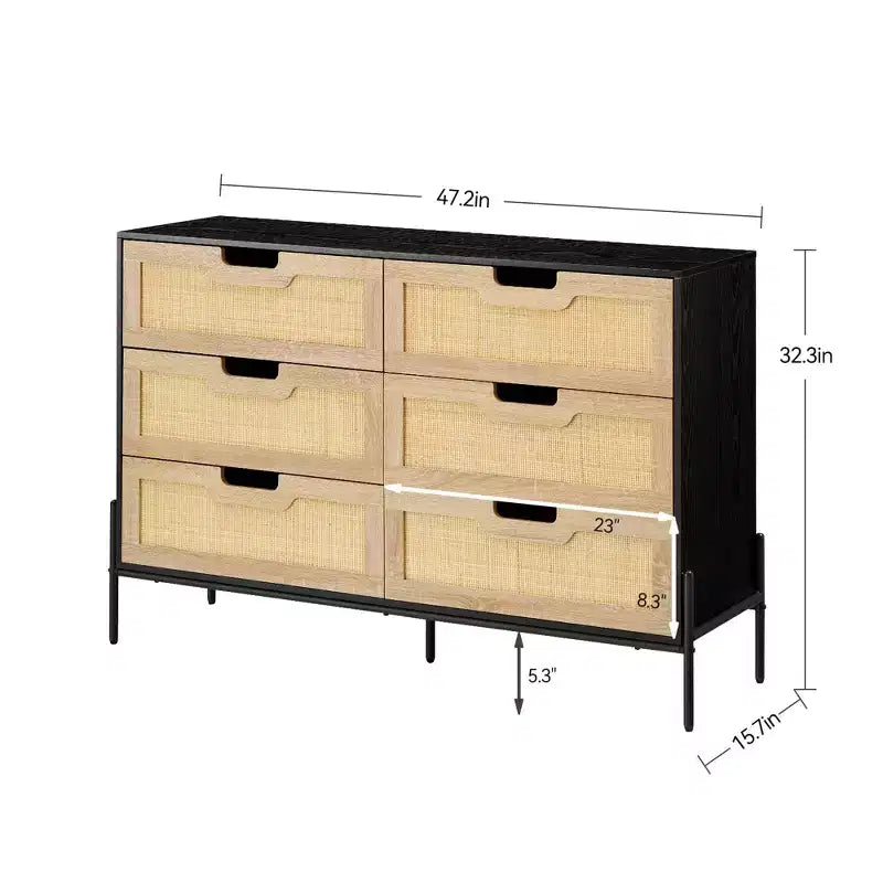 47'' Farmhouse Chest of Drawers,Rattan 6 Drawer Dresser with Metal Legs,Modern Wooden Dresser ,Large Wide Drawer Dresser for Bedroom,Living Room