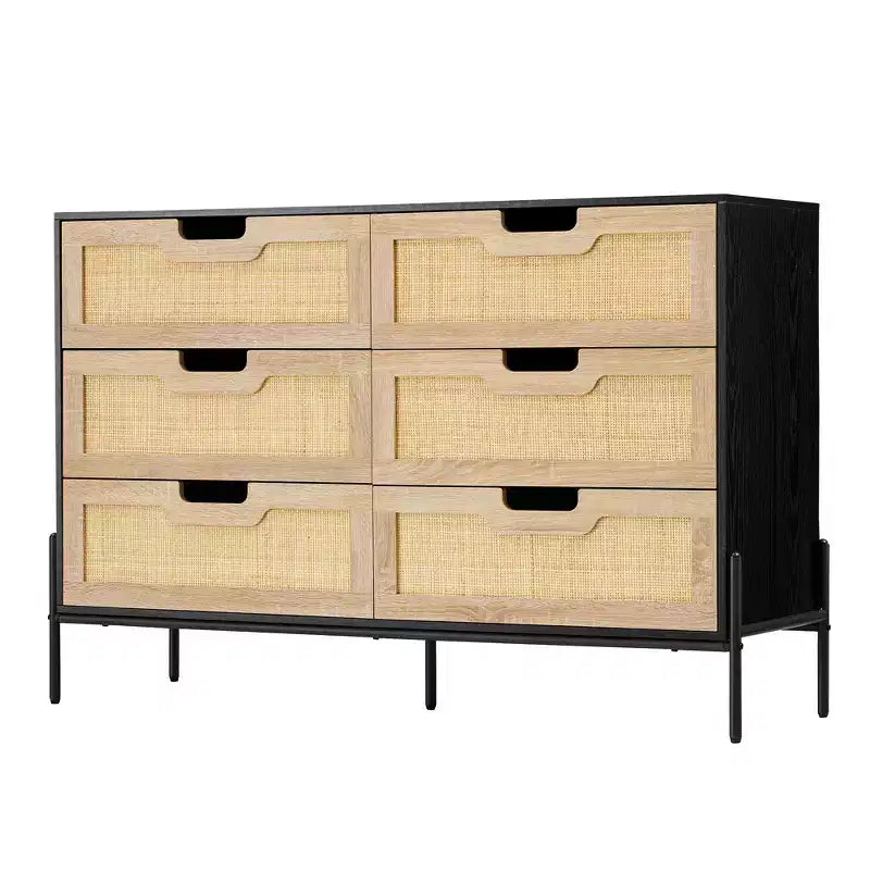 47'' Farmhouse Chest of Drawers,Rattan 6 Drawer Dresser with Metal Legs,Modern Wooden Dresser ,Large Wide Drawer Dresser for Bedroom,Living Room
