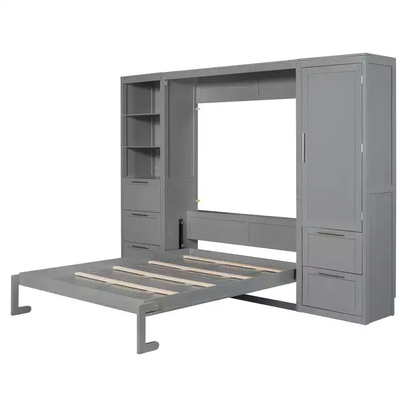 Queen Size Murphy Bed Wall Bed with 2 Side Closet, Drawers and Shelves, Cabinet Bed Folding Wall Bed for Guest Room Bedroom Office