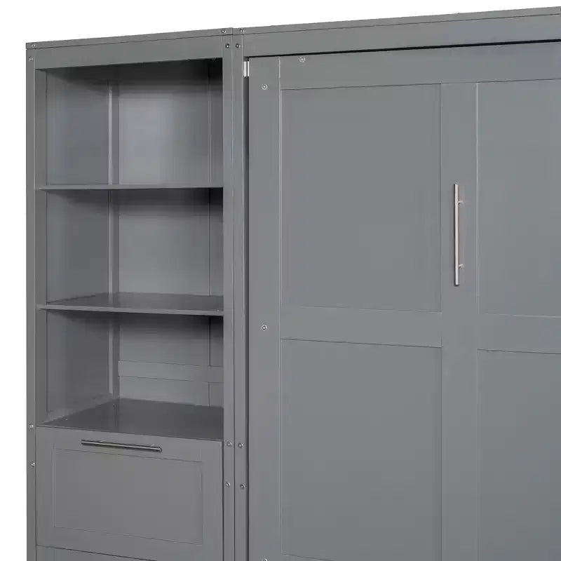 Queen Size Murphy Bed Wall Bed with 2 Side Closet, Drawers and Shelves, Cabinet Bed Folding Wall Bed for Guest Room Bedroom Office
