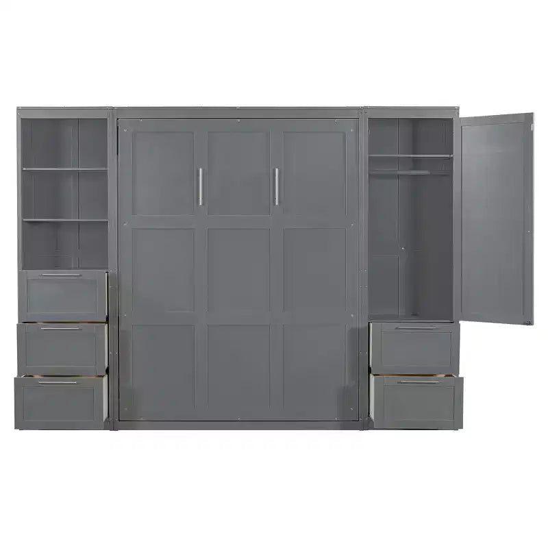 Queen Size Murphy Bed Wall Bed with 2 Side Closet, Drawers and Shelves, Cabinet Bed Folding Wall Bed for Guest Room Bedroom Office