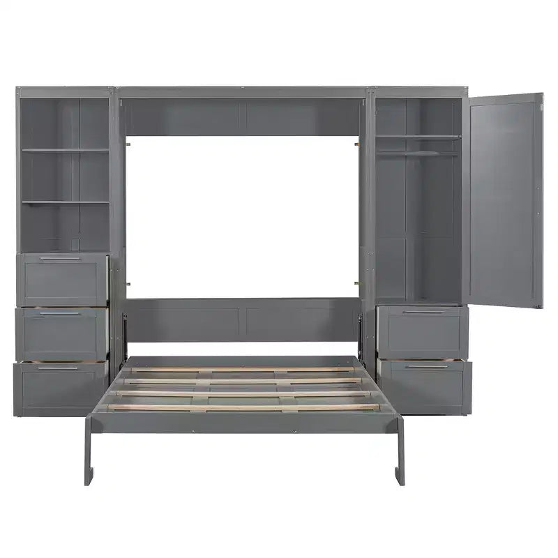 Queen Size Murphy Bed Wall Bed with 2 Side Closet, Drawers and Shelves, Cabinet Bed Folding Wall Bed for Guest Room Bedroom Office