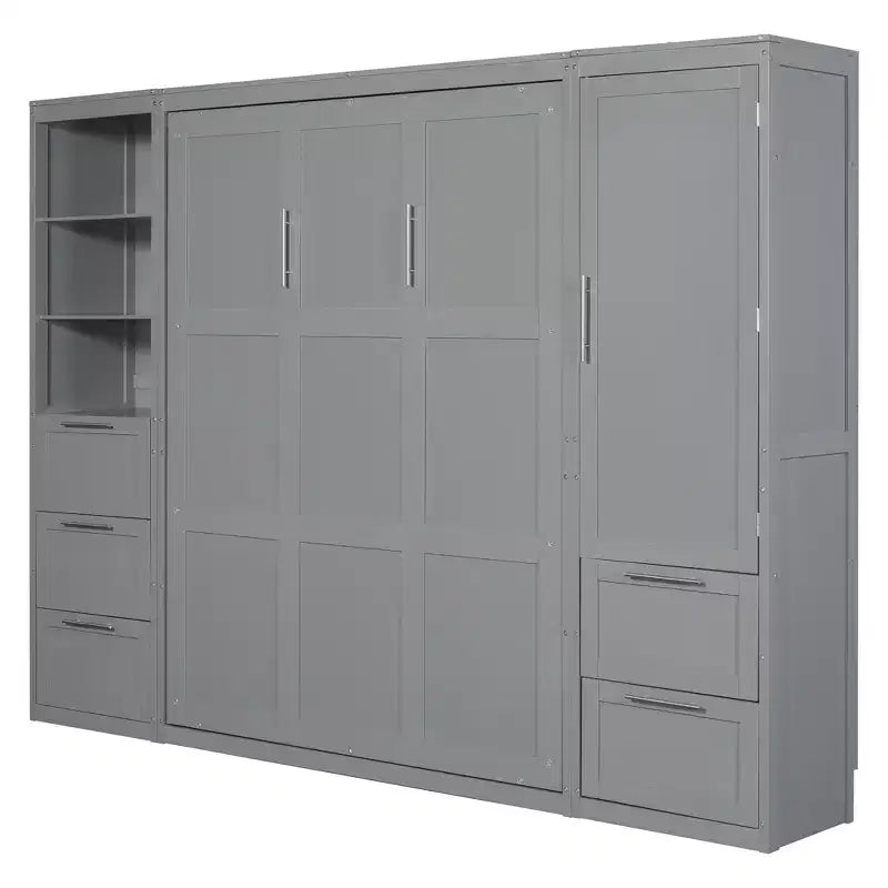 Queen Size Murphy Bed Wall Bed with 2 Side Closet, Drawers and Shelves, Cabinet Bed Folding Wall Bed for Guest Room Bedroom Office