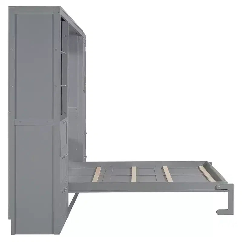 Queen Size Murphy Bed Wall Bed with 2 Side Closet, Drawers and Shelves, Cabinet Bed Folding Wall Bed for Guest Room Bedroom Office