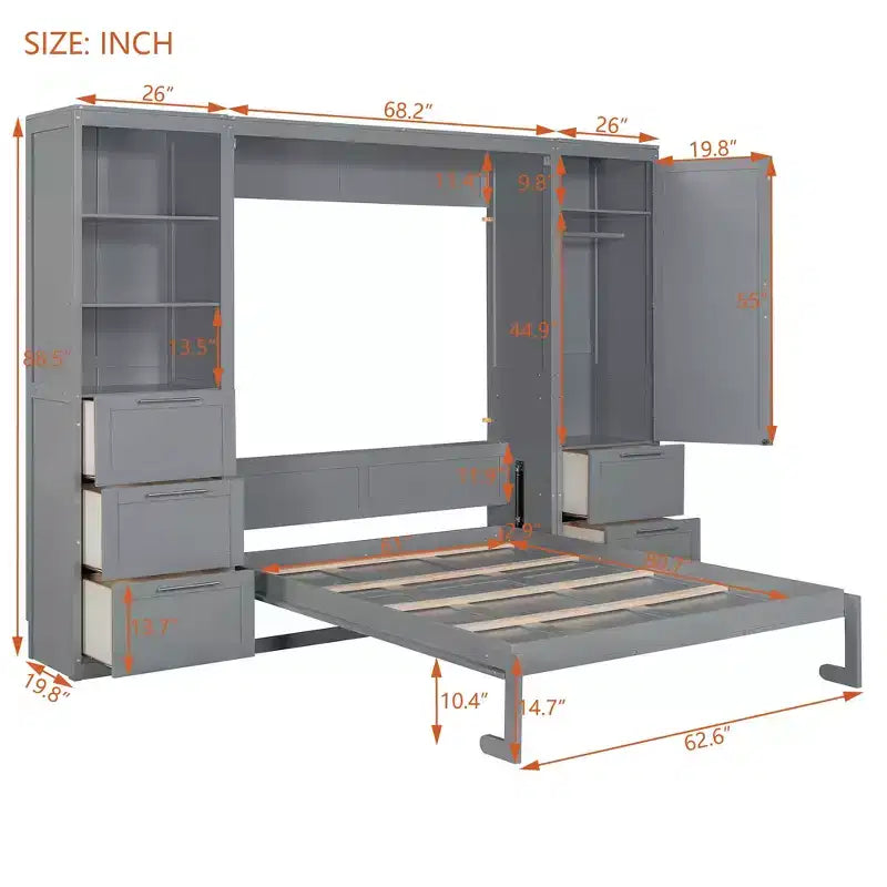 Queen Size Murphy Bed Wall Bed with 2 Side Closet, Drawers and Shelves, Cabinet Bed Folding Wall Bed for Guest Room Bedroom Office