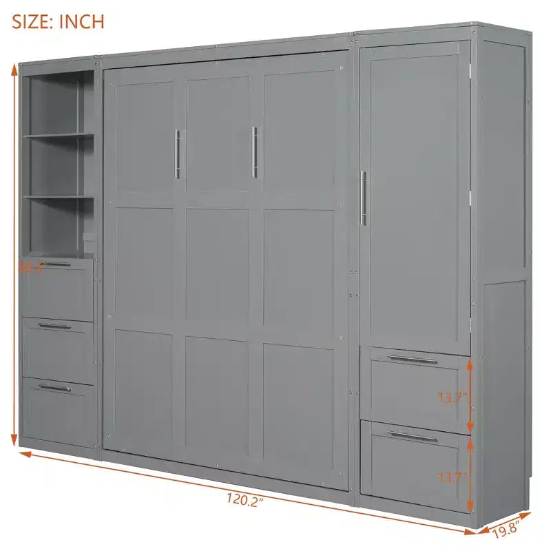 Queen Size Murphy Bed Wall Bed with 2 Side Closet, Drawers and Shelves, Cabinet Bed Folding Wall Bed for Guest Room Bedroom Office
