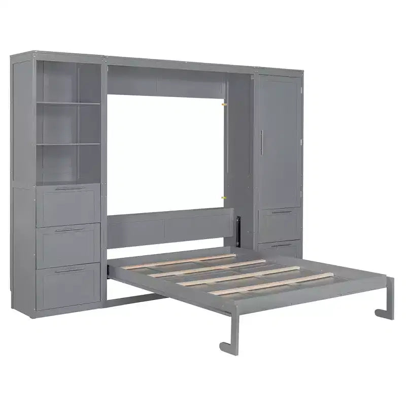 Queen Size Murphy Bed Wall Bed with 2 Side Closet, Drawers and Shelves, Cabinet Bed Folding Wall Bed for Guest Room Bedroom Office