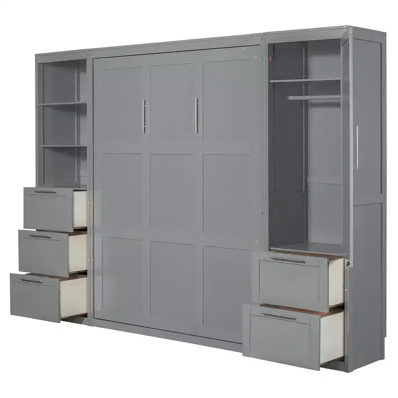Queen Size Murphy Bed Wall Bed with 2 Side Closet, Drawers and Shelves, Cabinet Bed Folding Wall Bed for Guest Room Bedroom Office