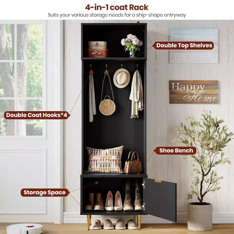 4-in-1 Entryway Bench with Shoe Storage & Coat Rack, 74 Hall Tree Organizer w/ 4 Gold Hooks, Cabinet & Farmhouse Design for Small Spaces