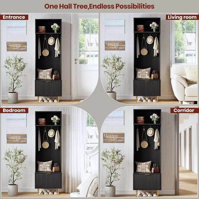 4-in-1 Entryway Bench with Shoe Storage & Coat Rack, 74 Hall Tree Organizer w/ 4 Gold Hooks, Cabinet & Farmhouse Design for Small Spaces