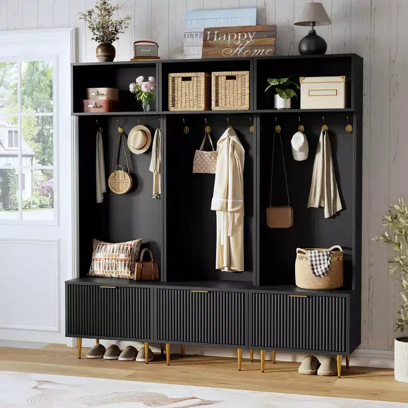 4-in-1 Entryway Bench with Shoe Storage & Coat Rack, 74 Hall Tree Organizer w/ 4 Gold Hooks, Cabinet & Farmhouse Design for Small Spaces