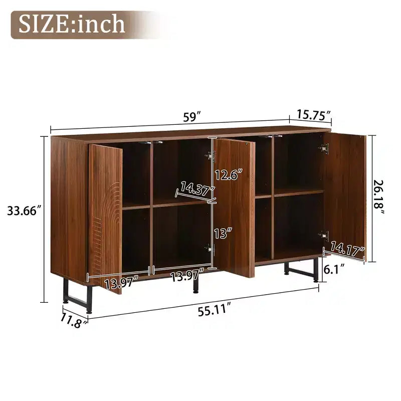 GDFStudio Pina 59'' Mid-Century Modern Wooden Storage Cabinet with 4 Doors and 8 Compartments