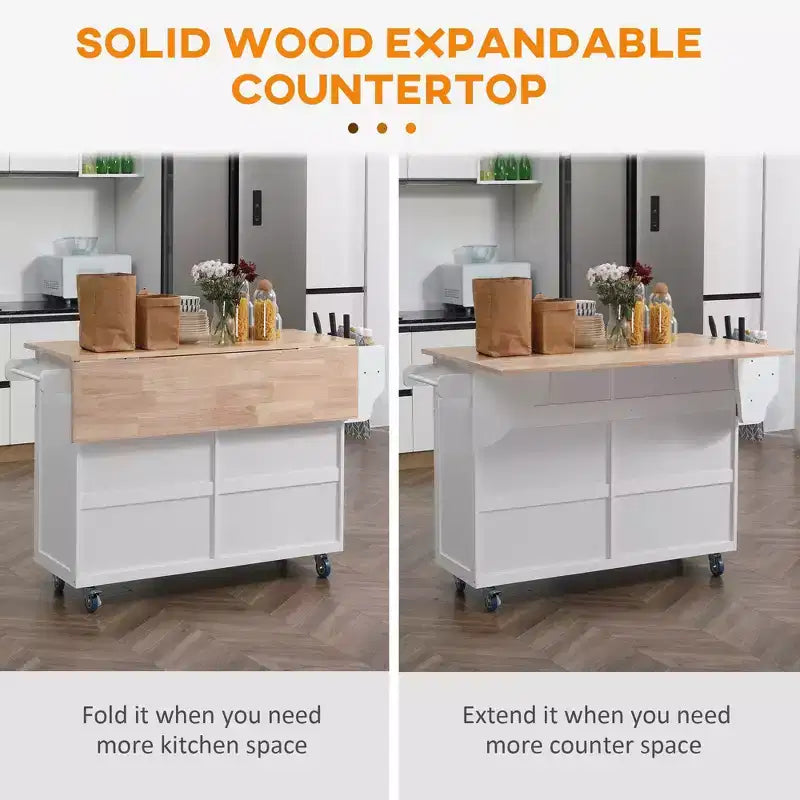 Okak Kitchen Island On Wheels with Rubberwood Top, Kitchen Cart with Drop Leaf and Storage Drawers, Kitchen Island for Dining Room, White