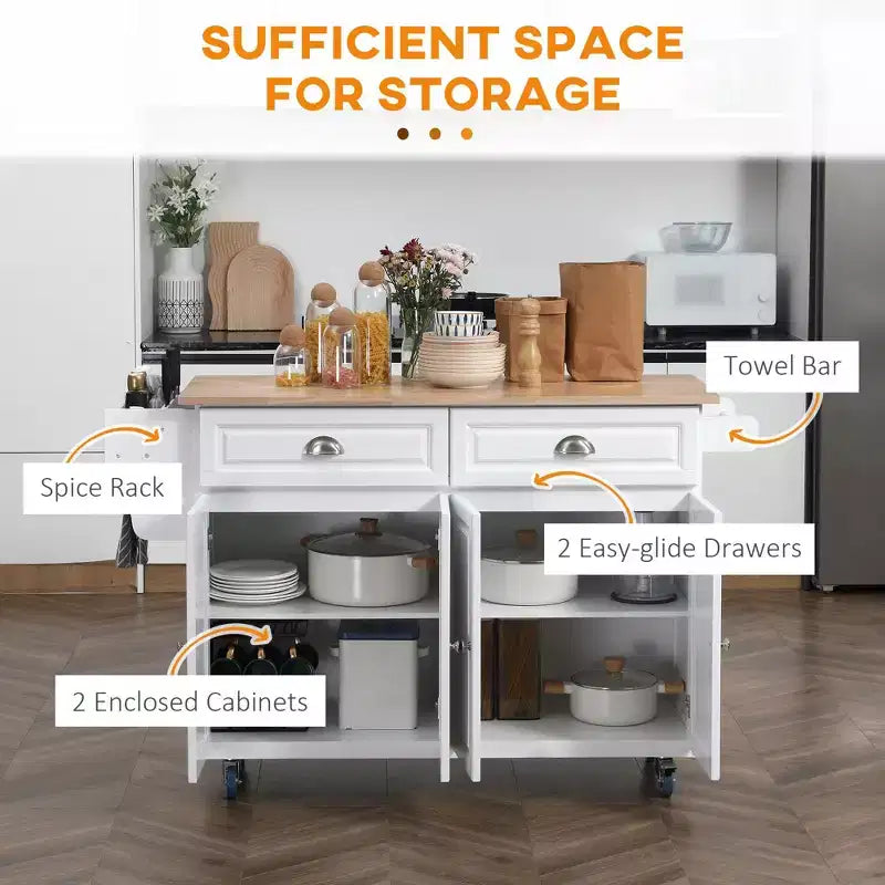 Okak Kitchen Island On Wheels with Rubberwood Top, Kitchen Cart with Drop Leaf and Storage Drawers, Kitchen Island for Dining Room, White