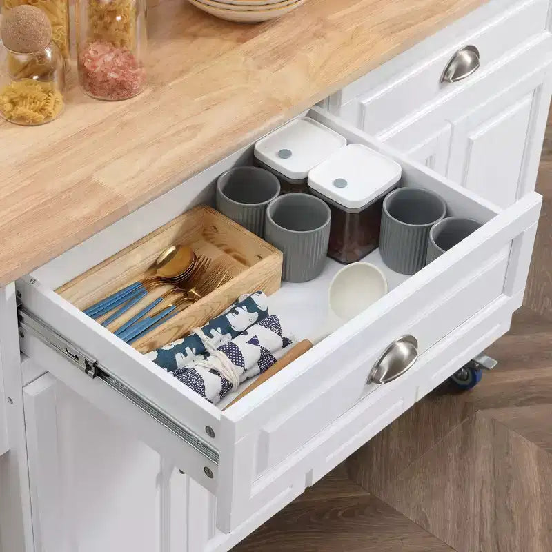 Okak Kitchen Island On Wheels with Rubberwood Top, Kitchen Cart with Drop Leaf and Storage Drawers, Kitchen Island for Dining Room, White