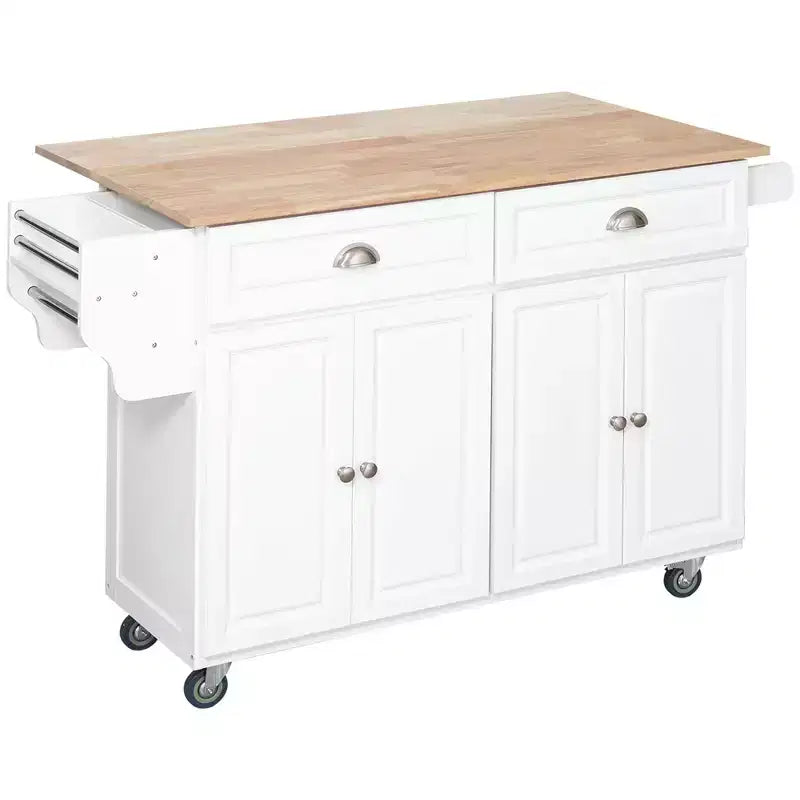 Okak Kitchen Island On Wheels with Rubberwood Top, Kitchen Cart with Drop Leaf and Storage Drawers, Kitchen Island for Dining Room, White