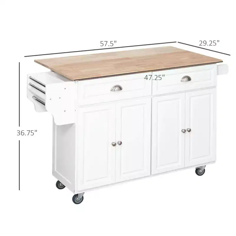 Okak Kitchen Island On Wheels with Rubberwood Top, Kitchen Cart with Drop Leaf and Storage Drawers, Kitchen Island for Dining Room, White