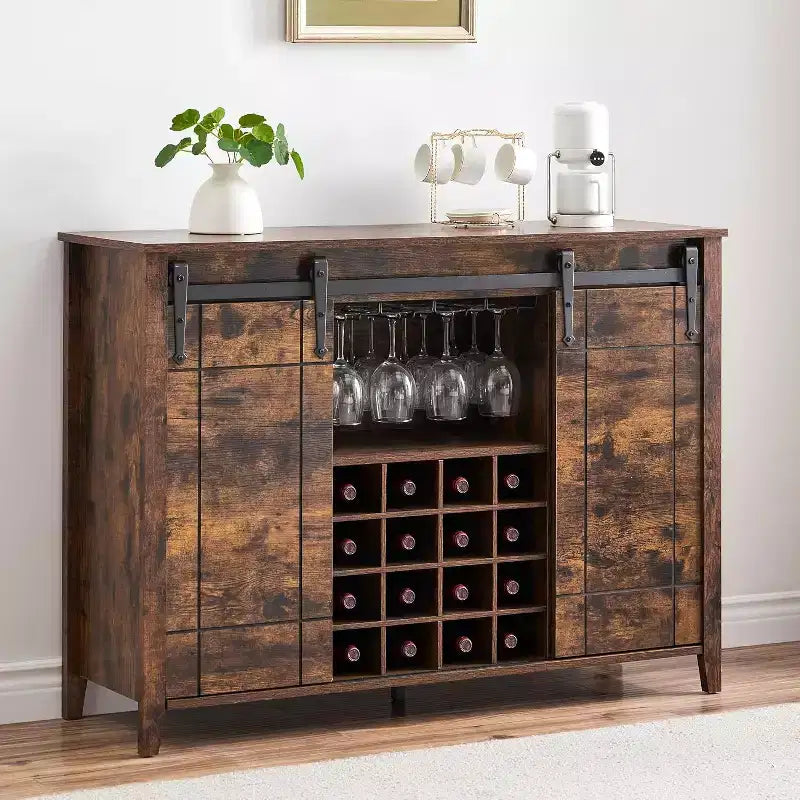 47 Wooden Wine Bar Cabinet with Sliding Door, Modern Liquor Whiskey Coffee Station with Wine Rack&Glass Holder