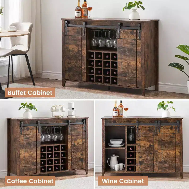 47 Wooden Wine Bar Cabinet with Sliding Door, Modern Liquor Whiskey Coffee Station with Wine Rack&Glass Holder